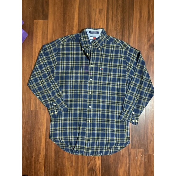 VTG Tommy Hilfiger Flannel Plaid Button Down Shirt Small Long Sleeve Navy Yellow - Picture 1 of 5